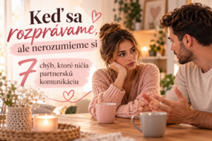 „Partnerská komunikácia – žena a muž sa rozprávajú pri stole. Blog o 7 chybách, ktoré ničia komunikáciu vo vzťahu.“
